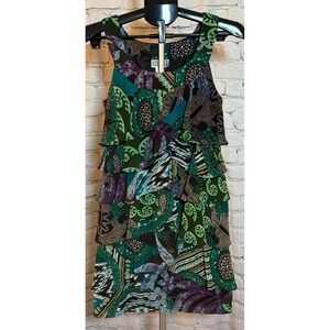 Robbie Bee Women's Size 4P Green Purple Paisley Tiered Ruffle Dress